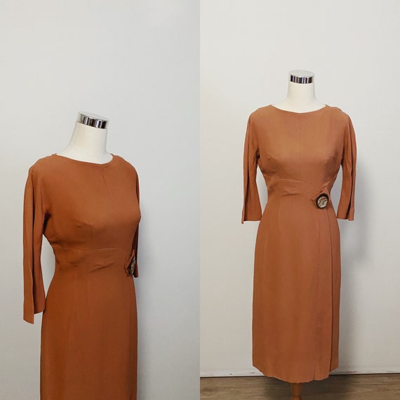 1940s Caramel Wiggle Dress with Bakelite Button