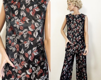 1960s Satin Brocade Wide Leg Pants and Shift Top Set 27” Waist