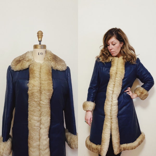 1970s Penny Lane Coat Blue Leather with Faux Fur Trim Size Large