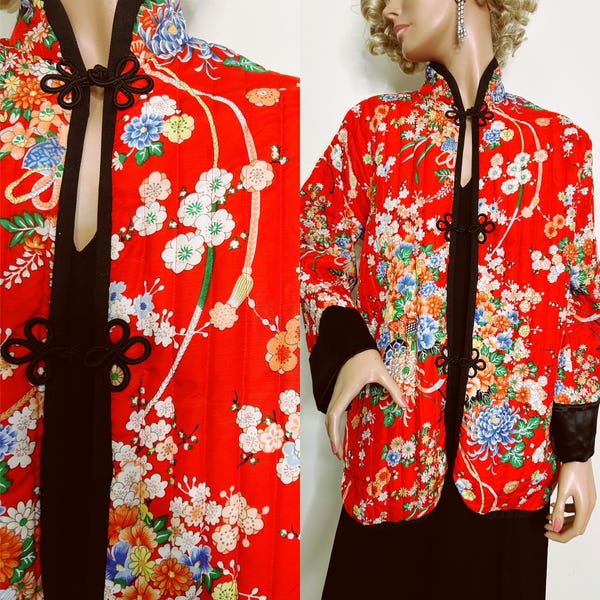 Red Printed Floral Cotton Linen Long Jacket ， Vintage Chinese Frog Button Jacket main image 1