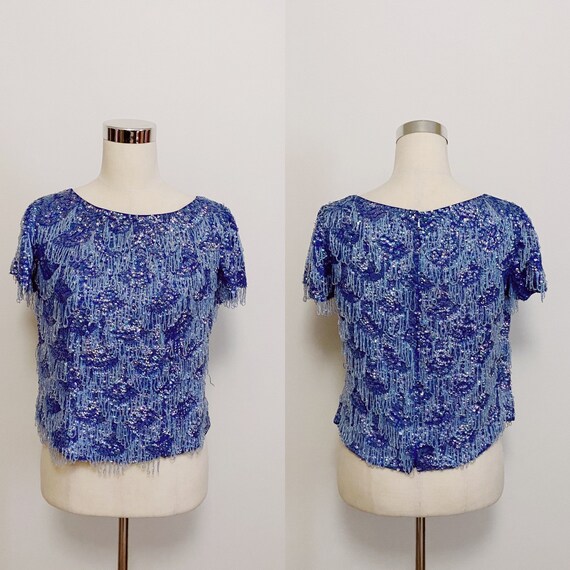 1950s Blue Beaded Mermaid Crop Top Size Large