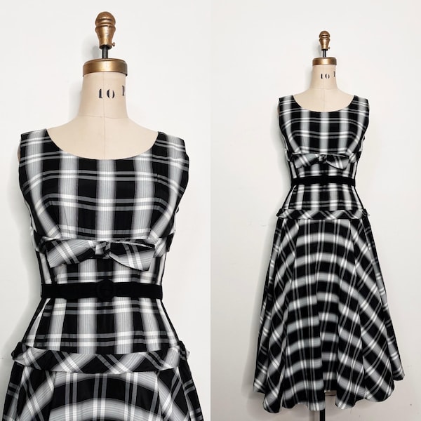 Handmade 1950s Plaid Dress | Original Owner Made | Black & Ivory Mid-Century Full Skirt Dress