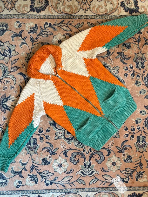 1950s Hand Knit Wool Sweater | Vintage Orange Green Geometric Zip Cardigan | Lightning Zipper | XXS XS