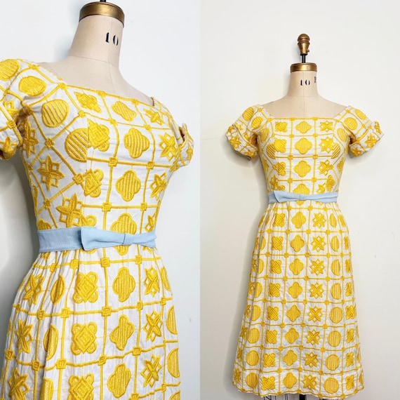 1950s Carolyn Schnurer Sundress Yellow Soutache Embroidered Cotton Dress Museum Textile Waist 27”
