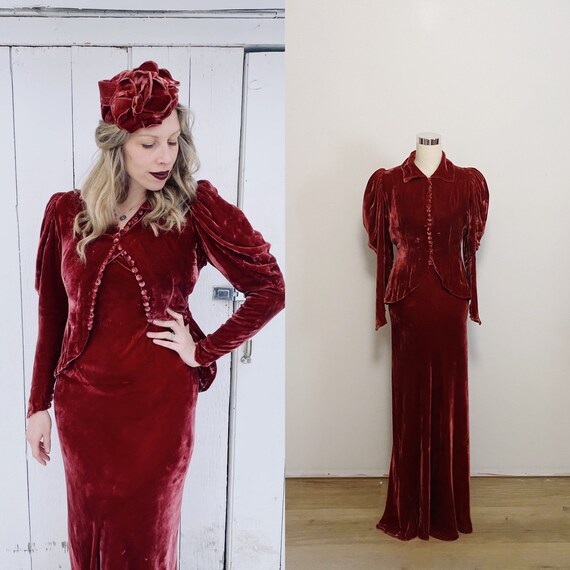 1930s Red Velvet Dress, Jacket, and Hat Set Size M