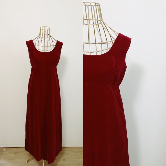 1960s Red Velvet Empire Waist Dress