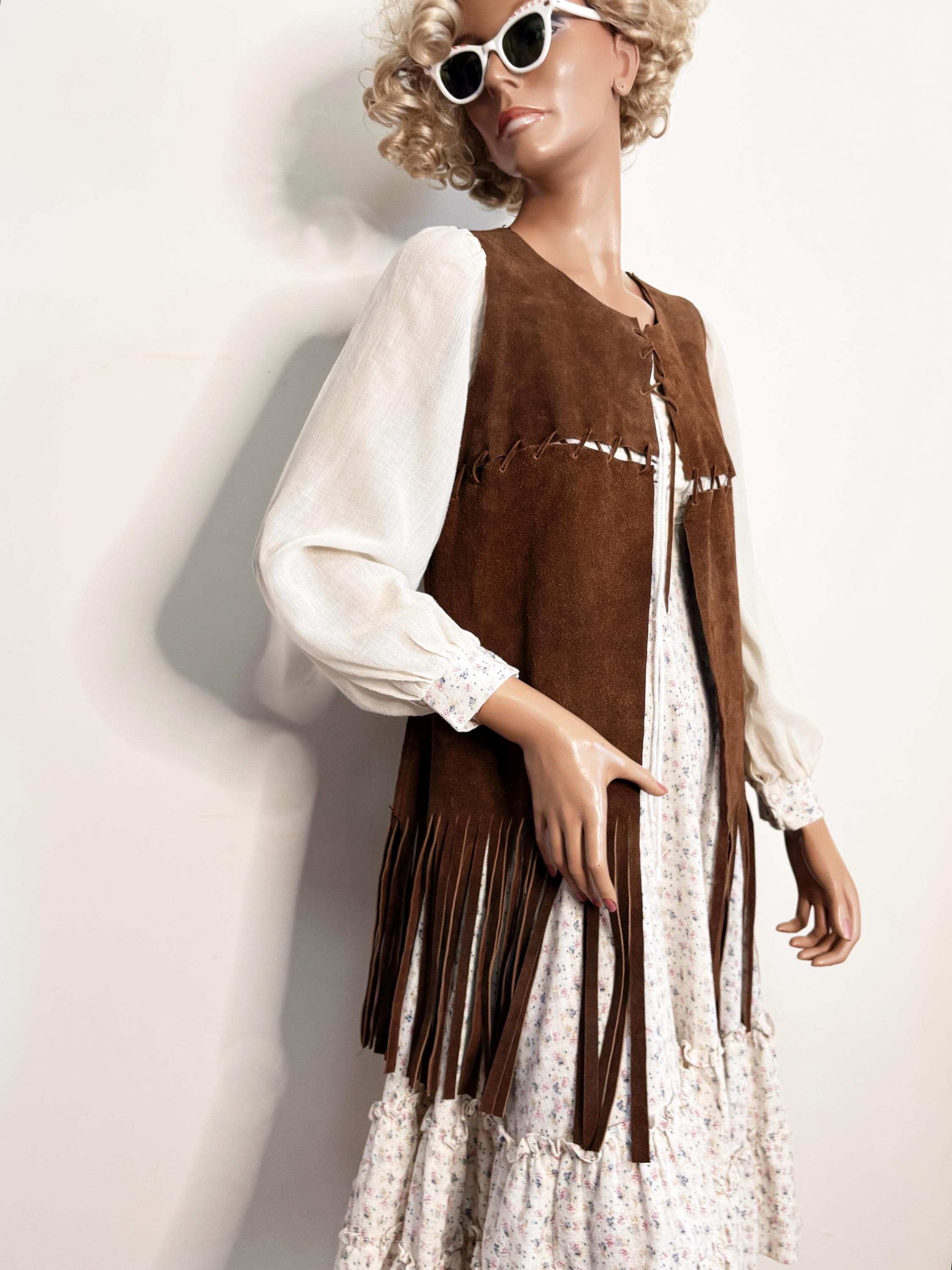 western style tassel brown suede vest mini dress Trendy, Chic Women's Clothing Boutique Austin Suede Fringe Vest for Women, Cream, 90% Polyester, 10% Spandex Lane 201 main image 1