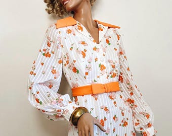 Vintage 70s Soft Orange Purple Floral Fit & Flare Midi Dress