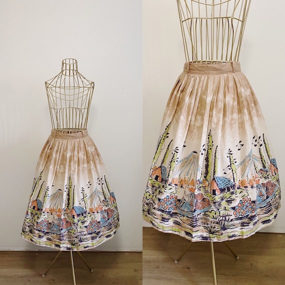 1950s Novelty Print Cotton Skirt | 50's Mexican Sc