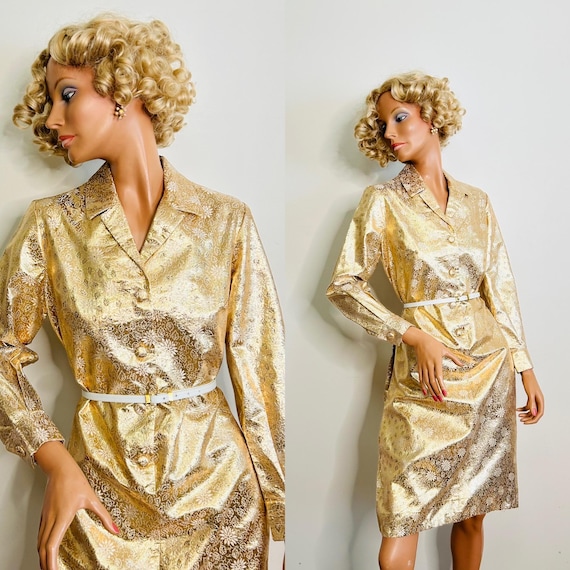 metallic gold shirt dress Luxurious Gold-tone Buttoned Satin Shirt Dress For Women