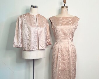 1950s Silk Embroidered Champagne Wiggle Dress and Jacket Set 26” Waist