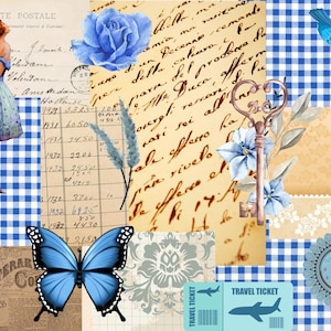 Collage Blue Vintage Style Lady Butterfly Flowers Tickets Gingham with Embellishments A4 Pages Journals Digital Printable Download