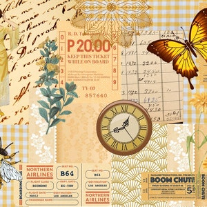 Collage Yellow Vintage Style Lady Butterfly Flowers Tickets Gingham with Embellishments A4 Pages Journals Digital Printable Download