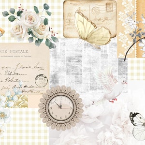 Collage White Vintage Style Lady Butterfly Flowers Tickets Gingham with Embellishments A4 Pages Journals Digital Printable Download