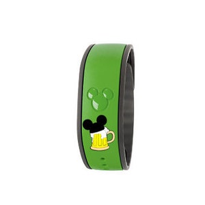 May include: Green MagicBand with a Mickey Mouse head and a Mickey Mouse head wearing a beer stein.