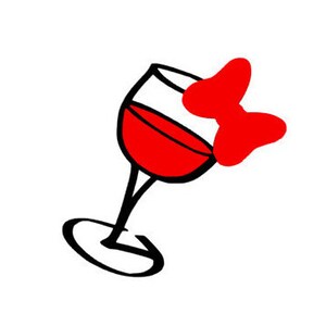 May include: A red wine glass with a red bow on the rim. The glass is tilted to the side, as if it is about to spill.