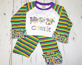 Girl's Ruffle Sleeve Mardi Gras Shirt, Girl's Mardi Gras Shirt, Monogrammed Mardi Gras Shirt