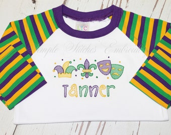 Boy's Raglan Sleeve Mardi Gras Shirt, Boy's Mardi Gras Shirt, Personalized Boy's Mardi Gras Shirt