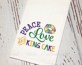 Peace Love & King Cake Towel, Mardi Gras Kitchen Towel, Mardi Gras Towel, King Cake Towel