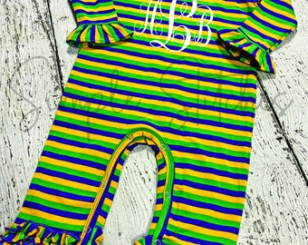 Mardi Gras Ruffle Romper, Girls Mardi Gras Romper, Purple Green Gold Romper, Parade Romper,