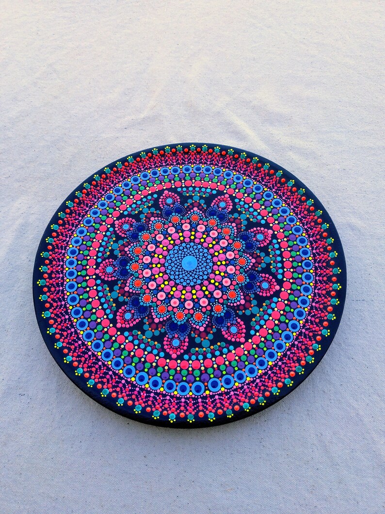 Wooden Mandala Dots Painting Plate Harmoniously and Bright Etsy