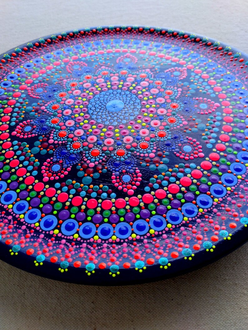 Wooden Mandala Dots Painting Plate Harmoniously and Bright Etsy