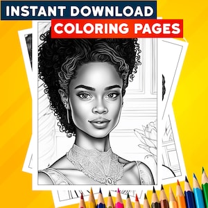 Black Woman Coloring Pages, 10 Printable Grayscale Pictures, Digital Download PDF File