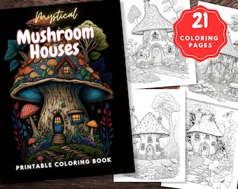 Pilz Haus Malbuch Druckbare Malvorlagen Verzaubert Fantasy Kunst Häuser Digitaler Download Graustufen Färbung Erwachsene Malbuch