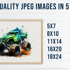 Monster Truck Watercolor Wall Art Printable - Boys Room Decor Racing Art Download