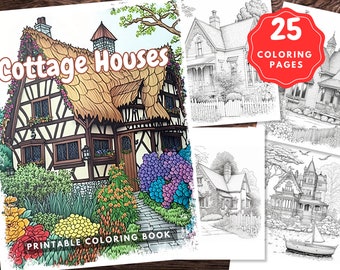 Cottages and Lake Houses Coloring Book, Adults Instant Download - Grayscale Coloring Page - Printable PDF