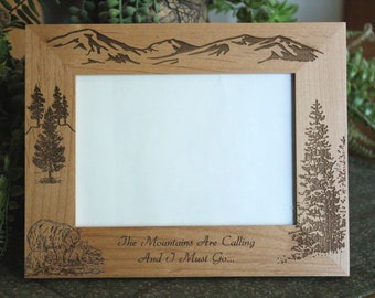 Mountains are Calling Alder Wood, Vacation, Picture Frame, Trees, Bear Family Personalize it