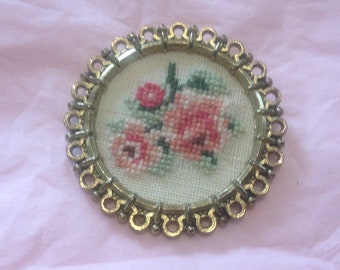 Brooch with embroidery, costume jewelry vintage