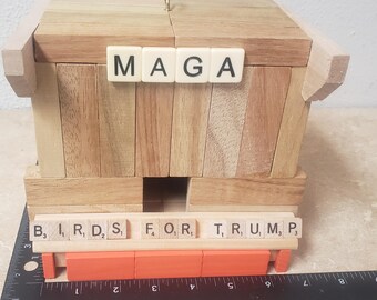 Trump Bird House. Handmade from "Jenga" Style pieces. Orange and Wood. Free Ground Advantage shipping in the USA. ChuckBooks