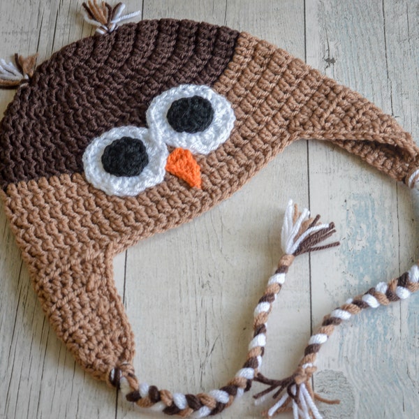 Owl Crochet Inca Hat with Strings. 45 Colour Options. Newborn to Adult Sizes. Handmade to Order.