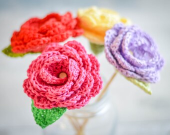 Single Crochet Rose and Leaf on a Wooden Knitting Needle Stem. 109 Colour Options. Handmade to Order.