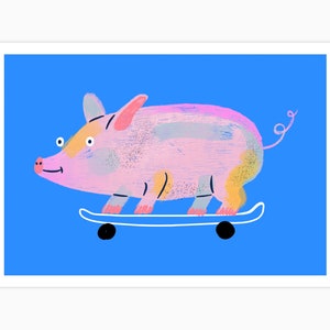 Pig Fine Art Print, Farm Animal Nursery Decor, Skating Poster