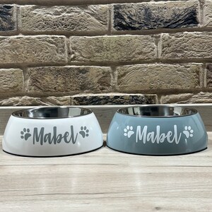 May include: Two stainless steel pet bowls with a white and gray finish. The bowls are personalized with the name "Mabel" and paw prints.