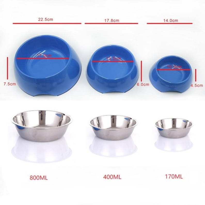 May include: Three sets of pet bowls, one blue plastic and two stainless steel. The blue bowls are 7.5 inches, 6 inches, and 4.5 inches in diameter. The stainless steel bowls are 800 ml, 400 ml, and 170 ml.