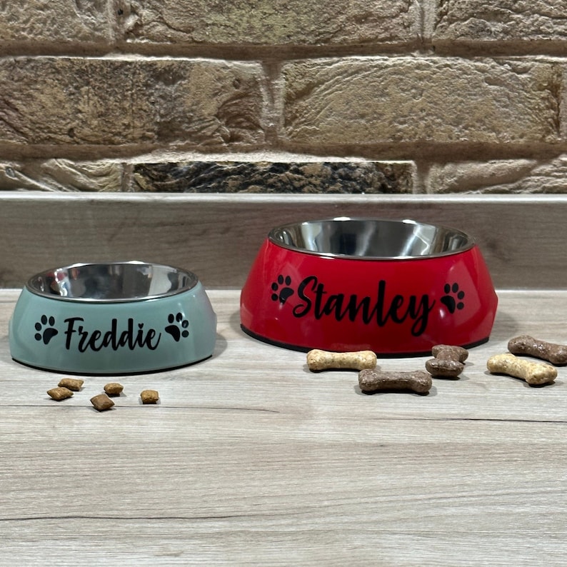 May include: Two personalized pet bowls, one red and one green, with stainless steel interiors. The red bowl says "Stanley" and the green bowl says "Freddie".