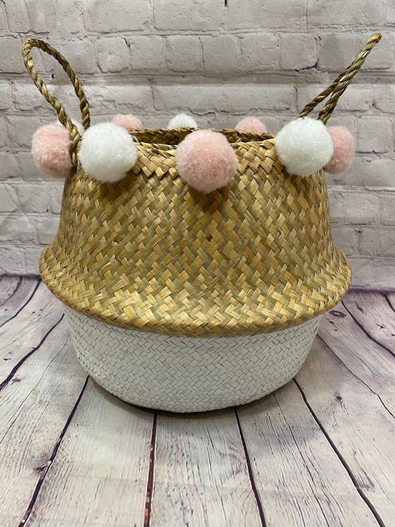 Storage Basket With Pom Poms Large Dipped Seagrass Belly Basket Home Storage Pom Pom Decoration Etsy