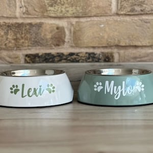 May include: Two personalized pet bowls, one white with the name "Lexi" and the other green with the name "Mylo". Both bowls have paw prints on either side of the name.