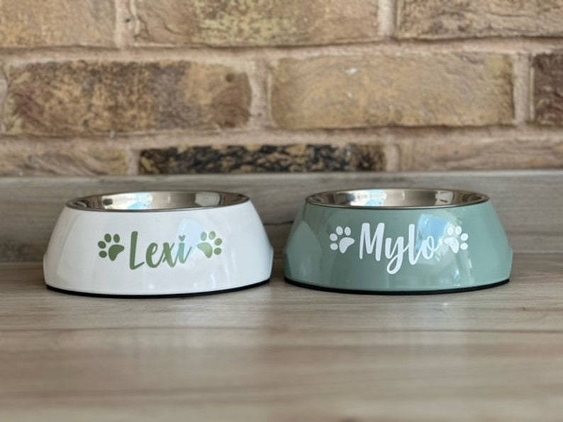 May include: Two personalized pet bowls, one white with the name "Lexi" and the other green with the name "Mylo". Both bowls have paw prints on either side of the name.