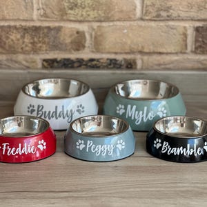 May include: Five personalized pet bowls with stainless steel interiors. The bowls are in different colors: red, white, gray, and black. Each bowl has a paw print design and a name: Buddy, Mylo, Freddie, Peggy, and Bramble.