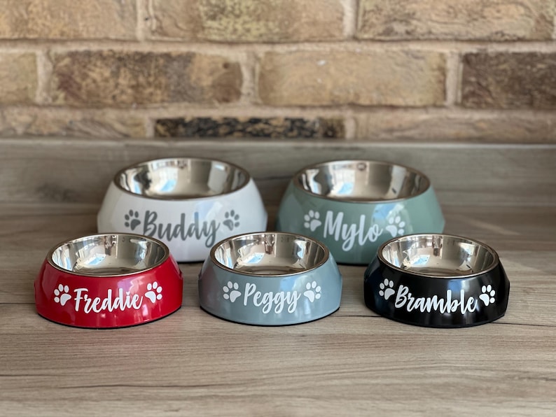 May include: Five personalized pet bowls with stainless steel interiors. The bowls are in different colors: red, white, gray, and black. Each bowl has a paw print design and a name: Buddy, Mylo, Freddie, Peggy, and Bramble.