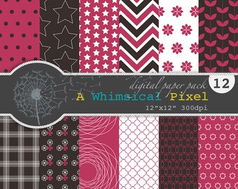 Digital Scrapbooking Paper Seamless Pattern | Classic Dark Pink & Chocolate Brown pack of 12 | Instant Download