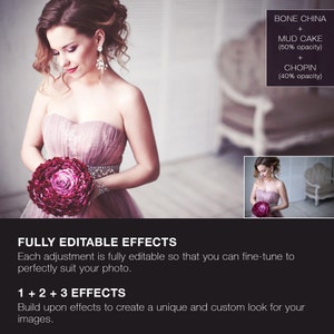 May include: A woman in a pink strapless dress holds a bouquet of burgundy flowers. The image is a tutorial for a photo editing effect that combines three different filters: Bone China, Mud Cake (50% opacity), and Chopin (40% opacity).