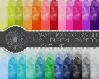 Digital Watercolor Scrapbooking Papers 24 | Instant Download | pink blue turquoise yellow green red purple charcoal black grey peach