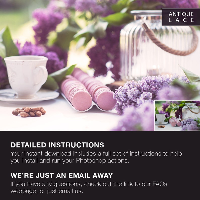 May include: A set of pink macarons on a white surface with a cup of coffee and lilac flowers. The text "Antique Lace" is visible in the upper right corner of the image.