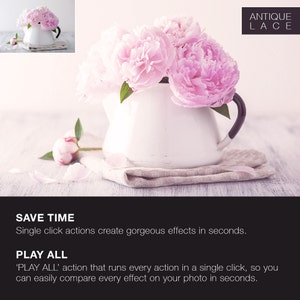 May include: A white ceramic pitcher filled with pink peonies, sitting on a beige linen napkin. The text "ANTIQUE LACE" is in the upper right corner of the image. The text "SAVE TIME" and "PLAY ALL" are at the bottom of the image.