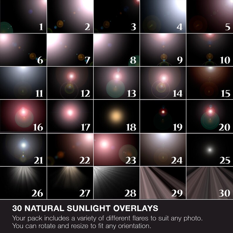 May include: A set of 30 natural sunlight overlays for photo editing. The overlays are arranged in a grid with numbers 1 through 30. The overlays are various shapes and sizes of light flares.